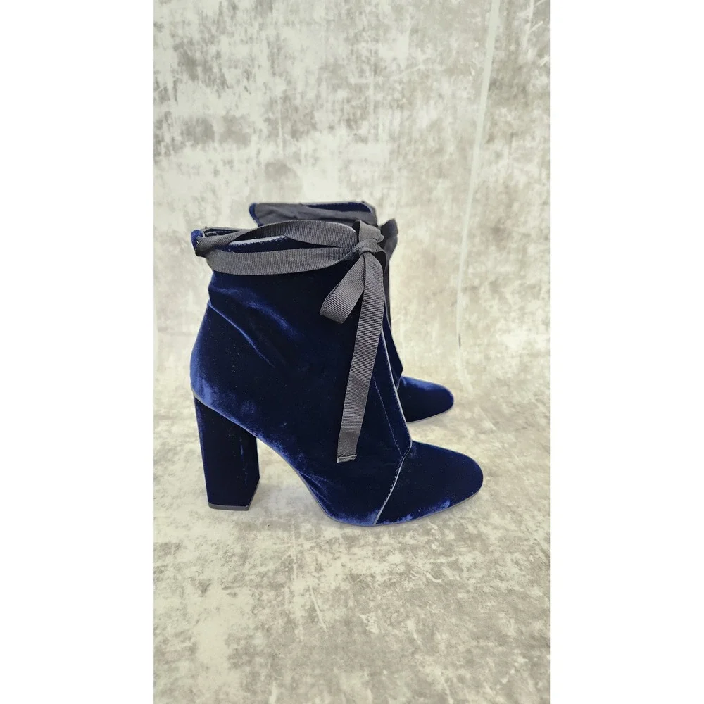 Zara Velvet Ankle Boots Women 41 Blue Front Zip Block Heel Ribbon Tie Gothic